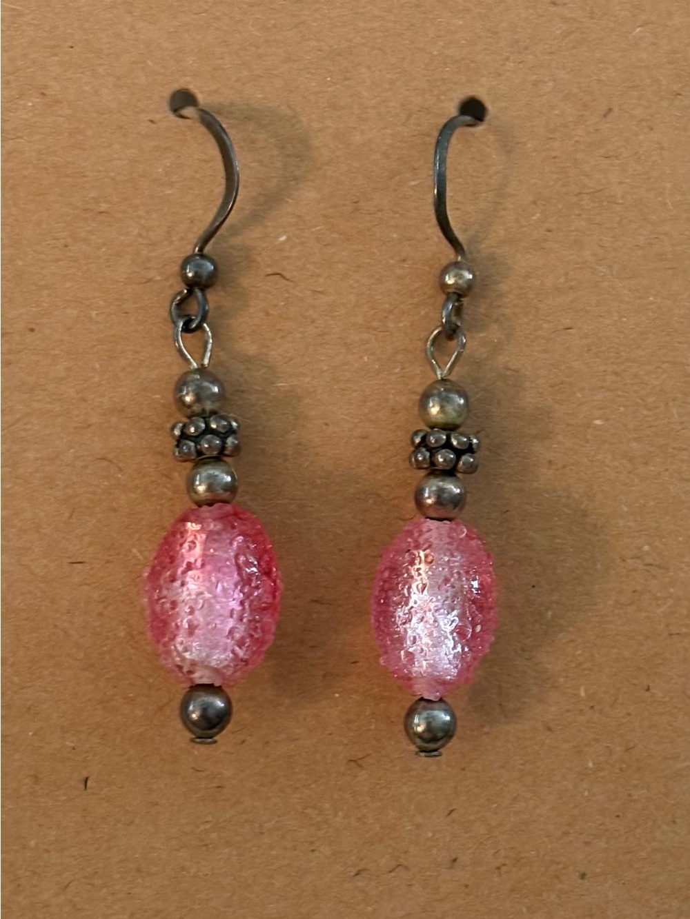 Vintage Pink Textured Glass Bead Dangle Earrings with Silver Tone Accents